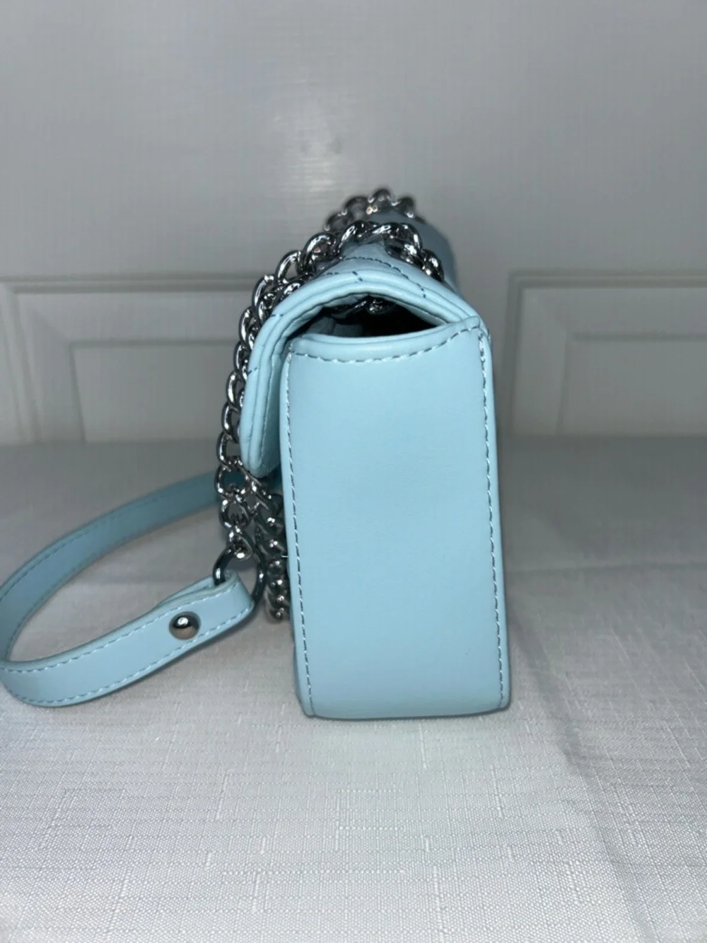 Light Blue Chevron Quilted Shoulder Bag with Silver Hardware and Dust Bag - Picture 4 of 13